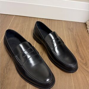Crosby Square Newhaven Black Leather Penny Loafers. Polished Slip-On Dress Shoes
